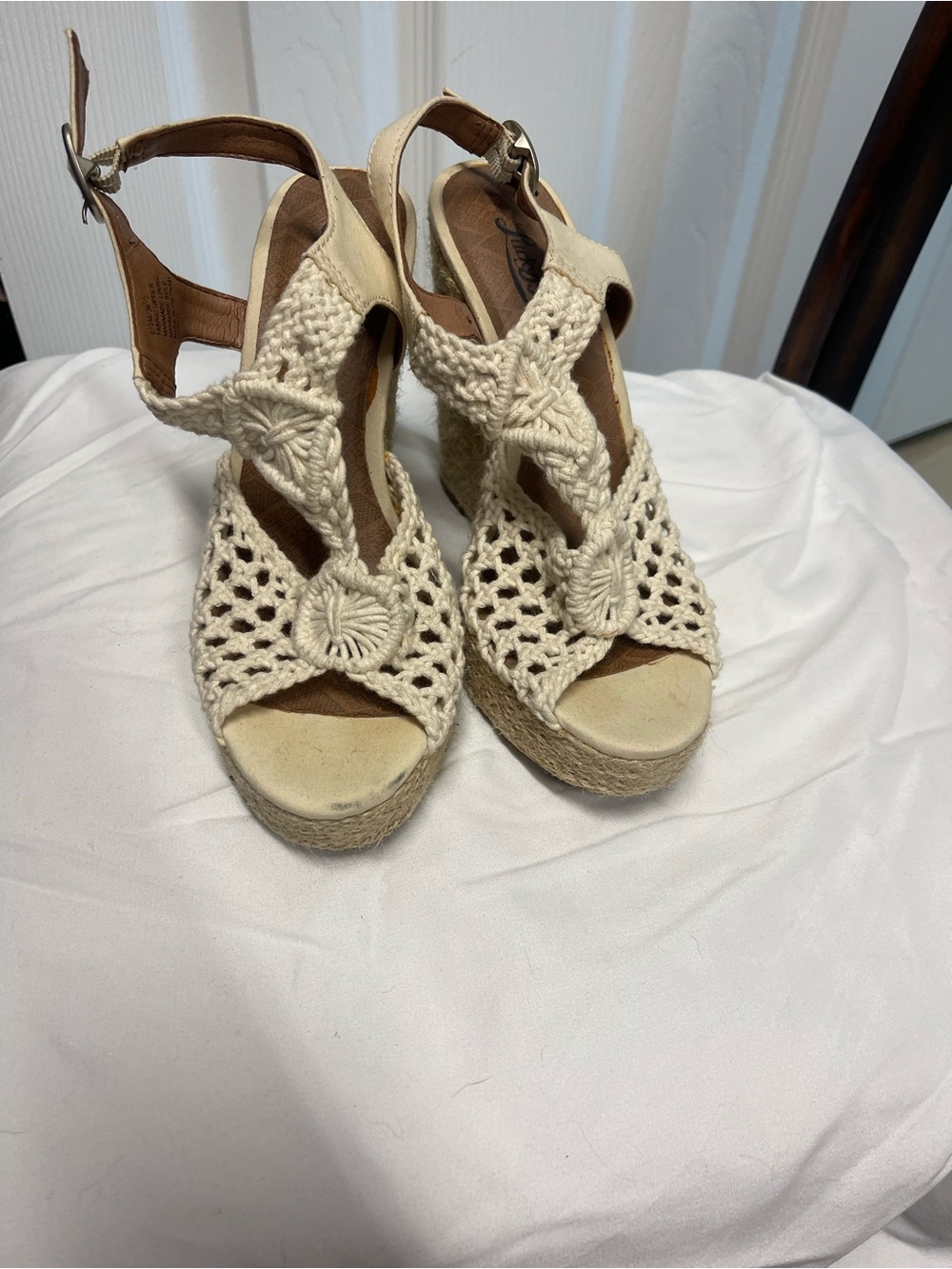 Lucky Brand Cream Crochet Espadrille Wedge Sandals with Ankle Strap